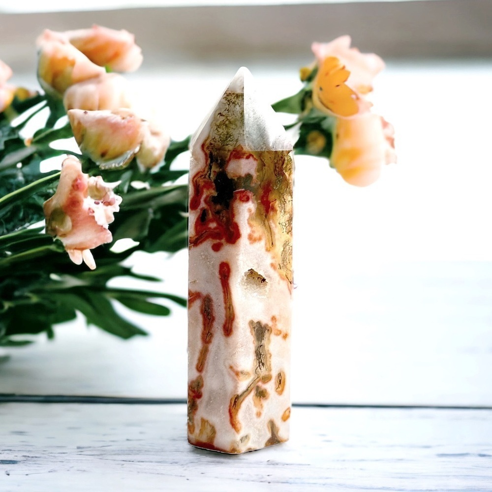 Red Aquatic Agate Madagascar Crystal Druzy Cave Gemstone Tower - Picture 2 of 2